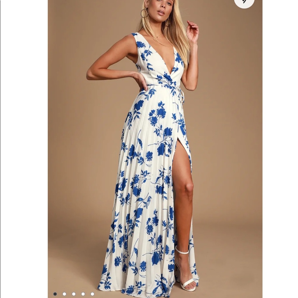 Blue and White Floral Wrap Maxi Dress